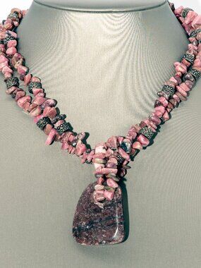 Rhodonite Stone Raw Chips necklace with single pendant Handcrafted Boho jewelry